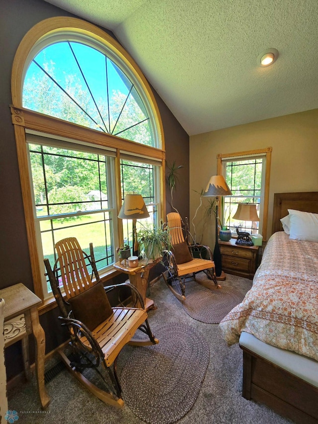 carpeted bedroom featuring a textured ceiling and vaulted ceiling