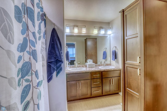 bathroom with hardwood / wood-style floors and dual bowl vanity