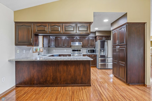 kitchen featuring backsplash, sink, dark brown cabinets, light hardwood / wood-style floors, and stainless steel appliances