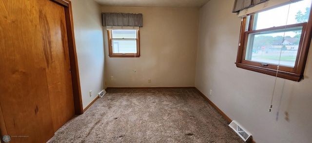 interior space featuring multiple windows, a closet, and light colored carpet