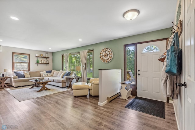 entryway featuring a baseboard heating unit, wood-type flooring, and a wealth of natural light