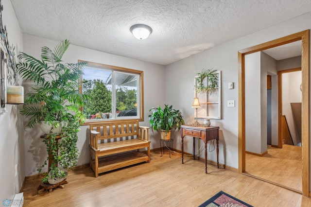 living area featuring hardwood / wood-style flooring and a textured ceiling