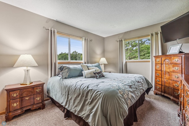 carpeted bedroom featuring a textured ceiling and multiple windows