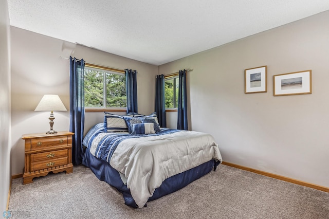 carpeted bedroom with a textured ceiling