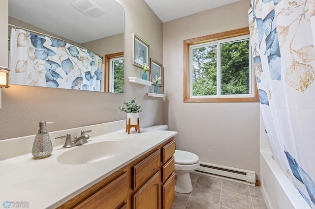 full bathroom with toilet, shower / bath combo with shower curtain, vanity, baseboard heating, and tile patterned flooring