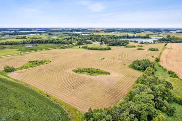 birds eye view of property featuring a water view and a rural view