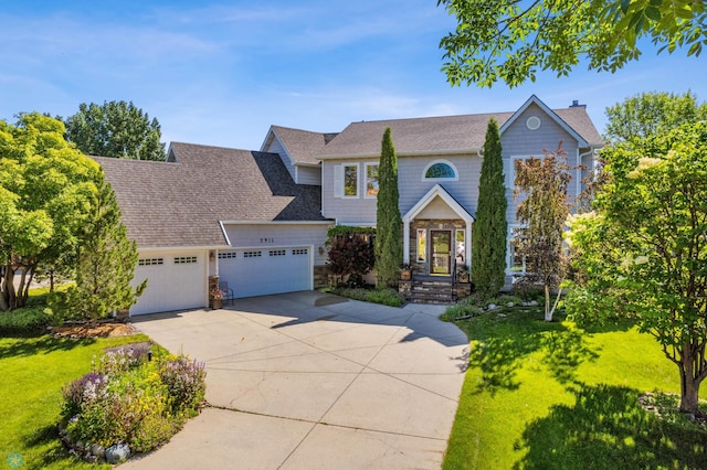 view of front of property with a front yard and a garage