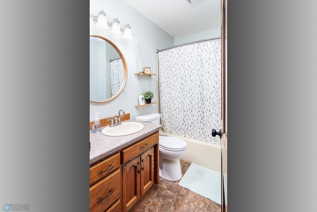 full bathroom with toilet, shower / tub combo, vanity, and tile patterned flooring