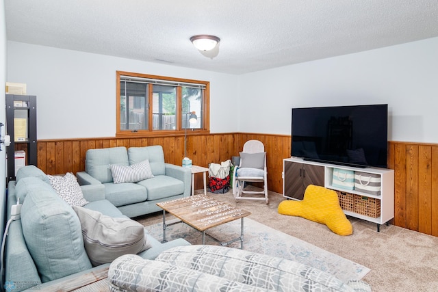 living room with carpet flooring and a textured ceiling