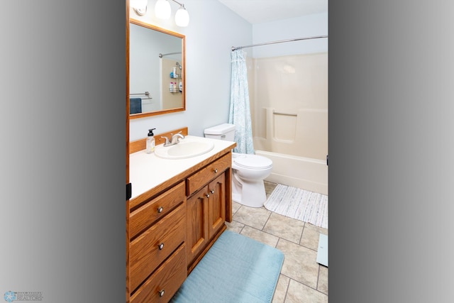 full bathroom featuring shower / bathtub combination with curtain, toilet, tile patterned floors, and vanity