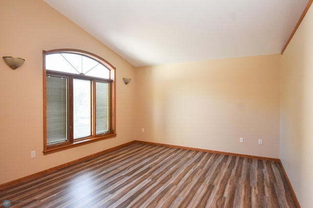 spare room featuring lofted ceiling and hardwood / wood-style floors