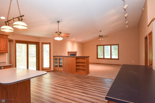 kitchen with vaulted ceiling, ceiling fan, and a healthy amount of sunlight