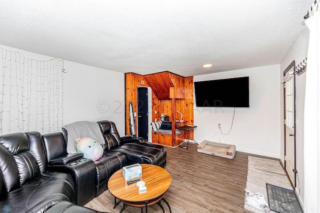 living room featuring wood-type flooring and a textured ceiling