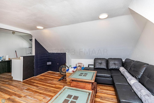 living room featuring wood-type flooring and vaulted ceiling