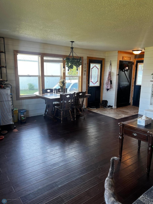 dining area with wooden walls, a textured ceiling, and dark hardwood / wood-style floors