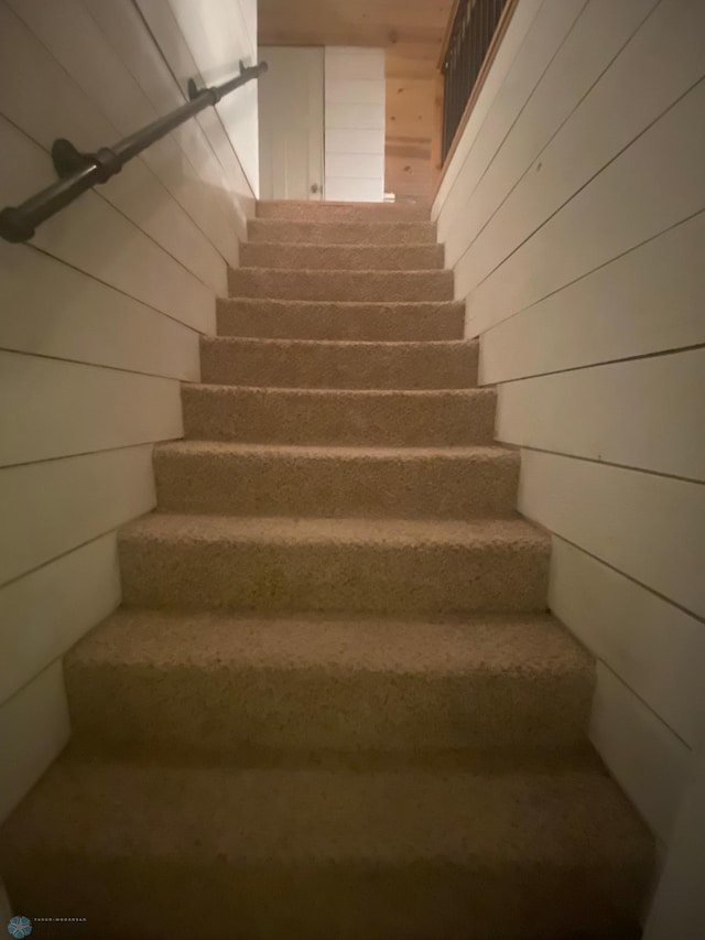 stairway with wooden walls