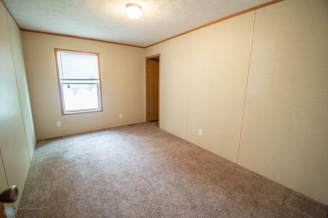 carpeted empty room with a textured ceiling and crown molding