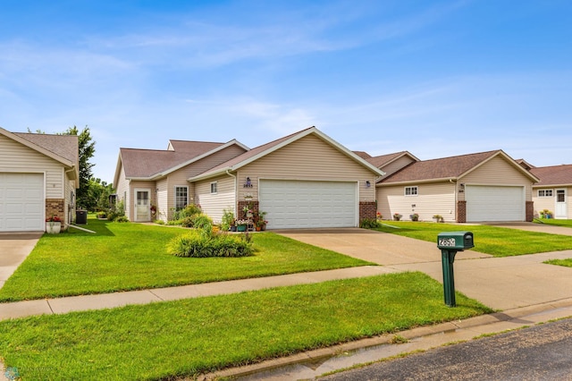 single story home featuring central air condition unit, a garage, and a front yard