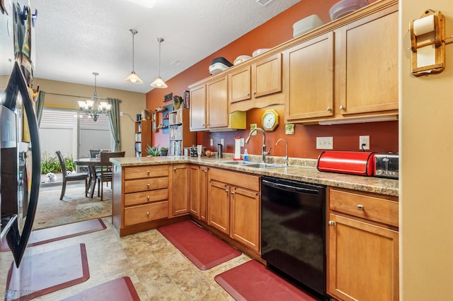 kitchen with a chandelier, dishwasher, sink, kitchen peninsula, and light tile patterned flooring