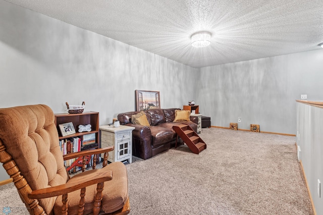 sitting room with carpet and a textured ceiling