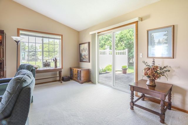 living area with carpet and vaulted ceiling