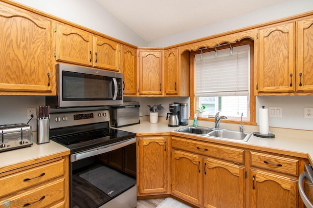 kitchen with sink, vaulted ceiling, and stainless steel appliances