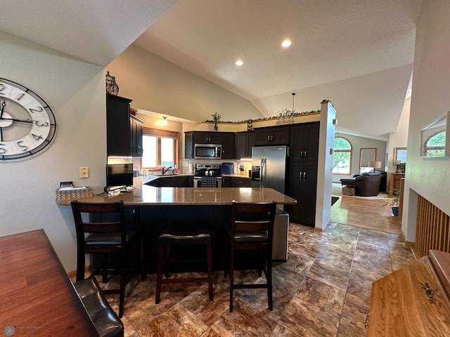 kitchen featuring dark wood-type flooring, a healthy amount of sunlight, kitchen peninsula, and stainless steel appliances