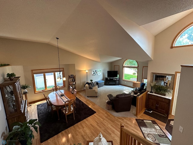 carpeted living room featuring a wealth of natural light and high vaulted ceiling