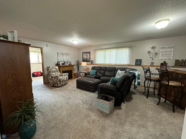 carpeted living room featuring a textured ceiling