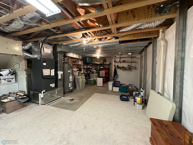 basement with heating unit and water heater