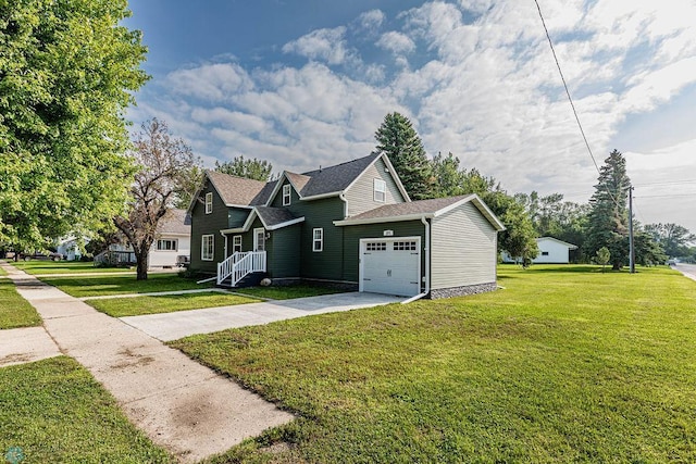 exterior space featuring a garage and a front lawn