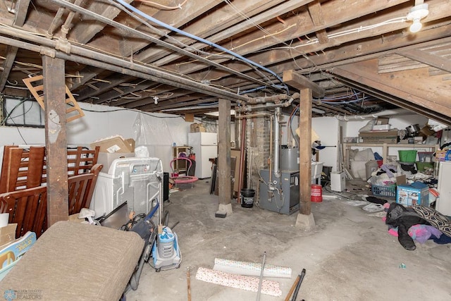 basement with white fridge