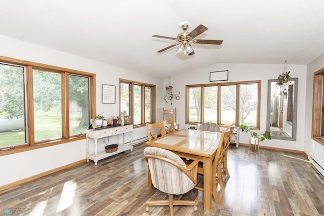 dining room featuring ceiling fan, vaulted ceiling, and wood-type flooring