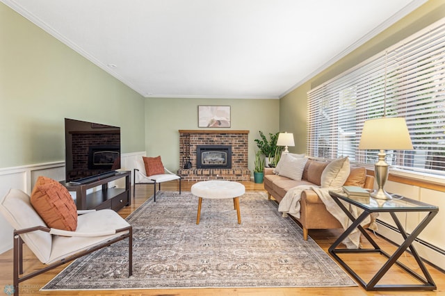 living room with a wood stove, hardwood / wood-style floors, and a wealth of natural light