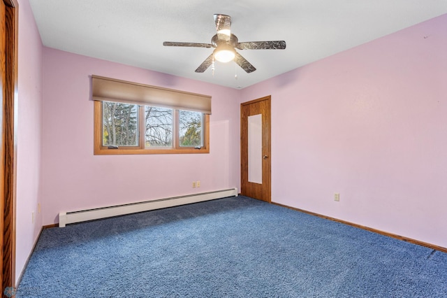 unfurnished room with a baseboard radiator, carpet, and ceiling fan