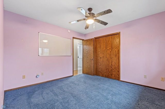 unfurnished bedroom with a closet, carpet floors, and ceiling fan