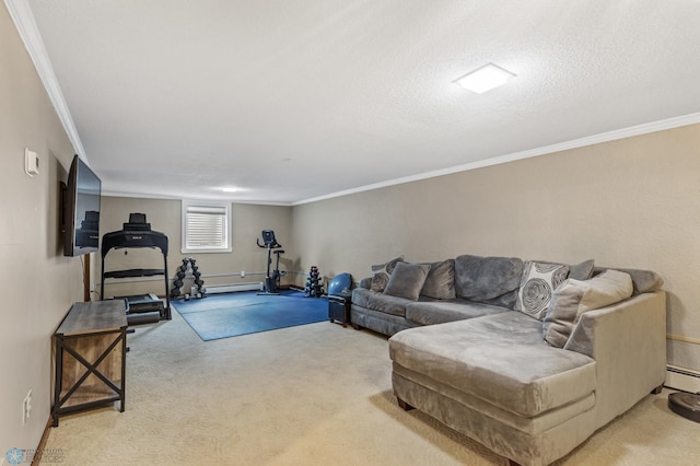 carpeted living room featuring crown molding, a baseboard heating unit, and a textured ceiling