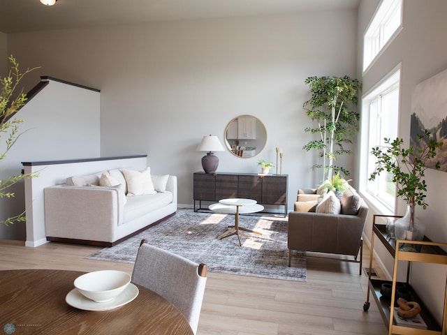 living room with a towering ceiling and light hardwood / wood-style flooring