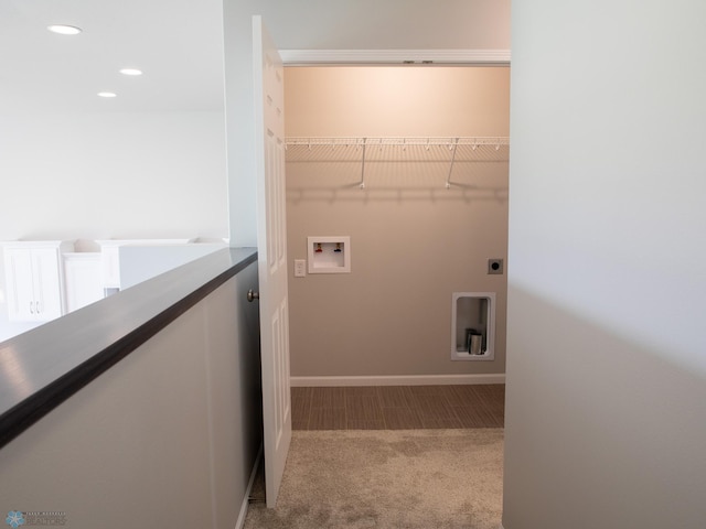 washroom with washer hookup, carpet, and electric dryer hookup