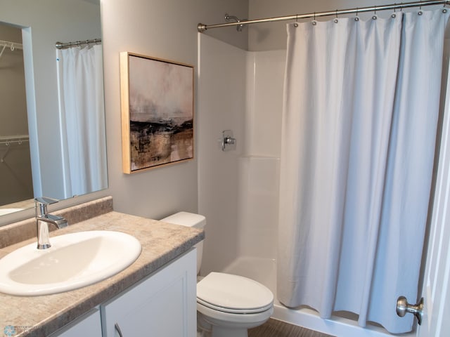 bathroom featuring vanity, toilet, and a shower with shower curtain