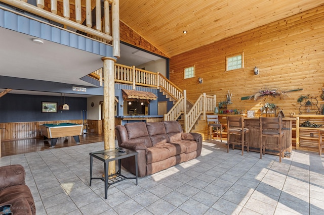 living room featuring light tile patterned floors, high vaulted ceiling, wood ceiling, and billiards