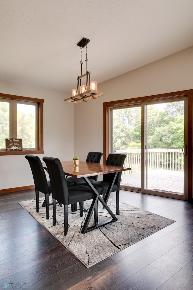 dining room with plenty of natural light, hardwood / wood-style floors, and a chandelier