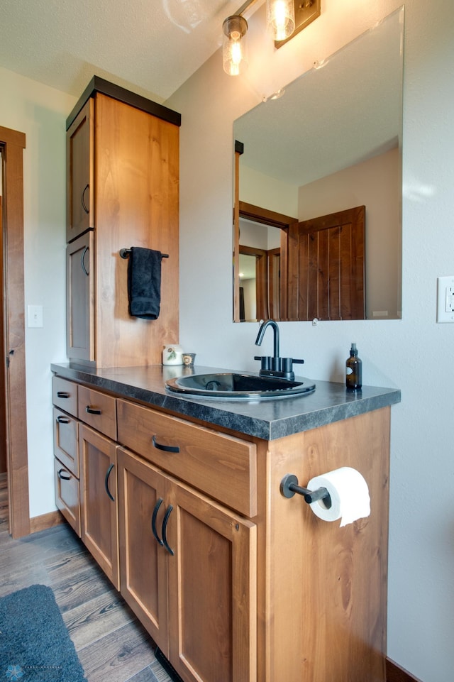 bathroom with vanity and wood-type flooring