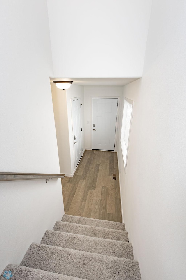 staircase featuring hardwood / wood-style floors