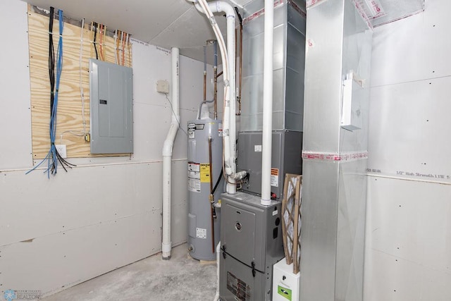 utilities with electric panel, heating unit, and water heater