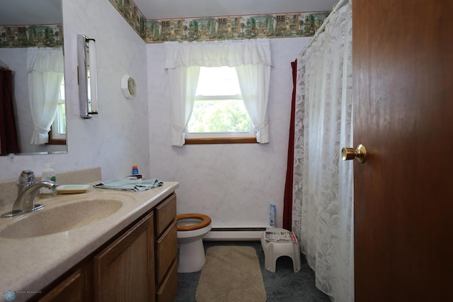 bathroom featuring vanity, a baseboard radiator, and toilet