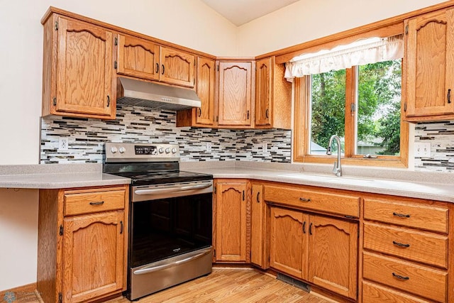 kitchen with light wood-type flooring, stainless steel range with electric cooktop, backsplash, and sink