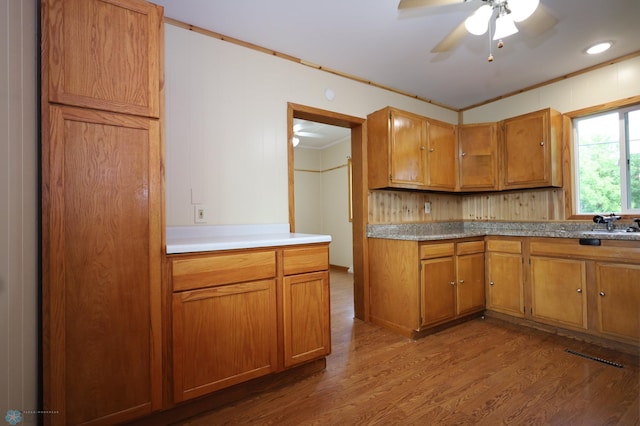 kitchen with ornamental molding, hardwood / wood-style floors, sink, and ceiling fan