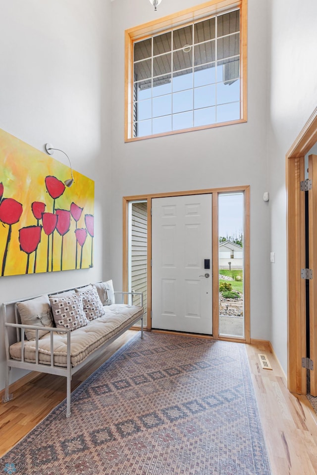 foyer with light hardwood / wood-style flooring and a towering ceiling