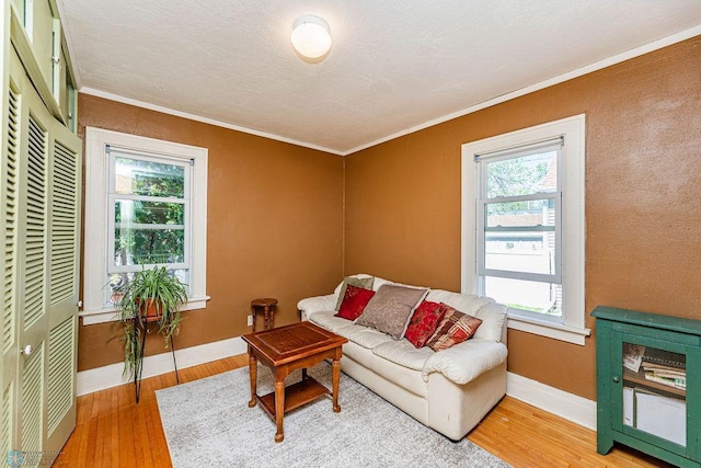 living room featuring light wood-type flooring, crown molding, and a wealth of natural light